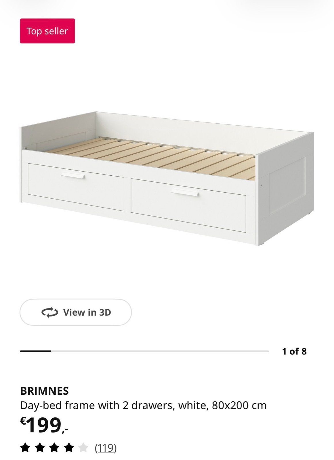 IKEA BRIMNES Bedbank met 2 lades, wit, 80x200 cm, Ophalen, Verstelbaar, Wit, Tweepersoons