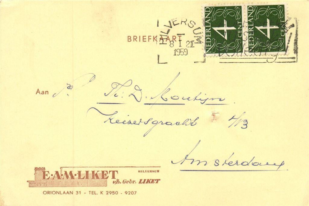 E.A.M. Liket, Hilversum - 01.1959 - briefkaart, Ophalen of Verzenden, Briefkaart