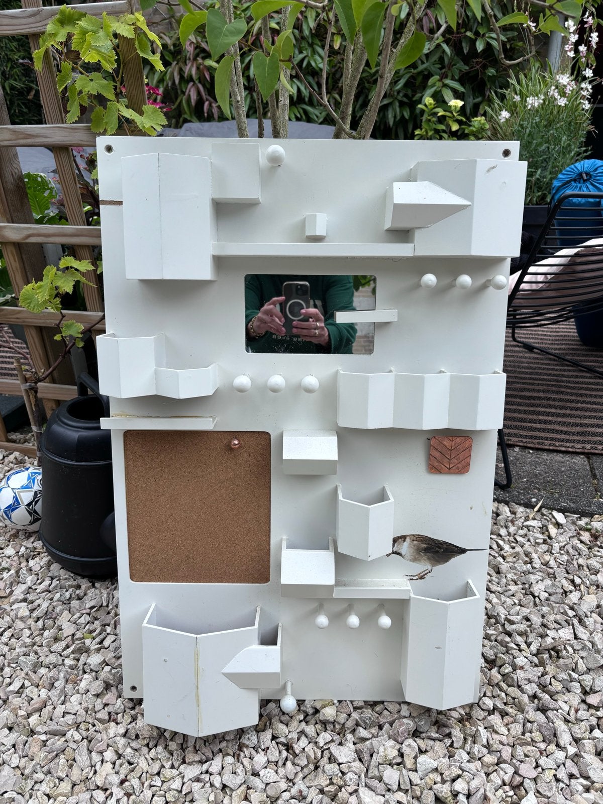 Witte wandorganizer met spiegel en prikbord, Ophalen, Gebruikt
