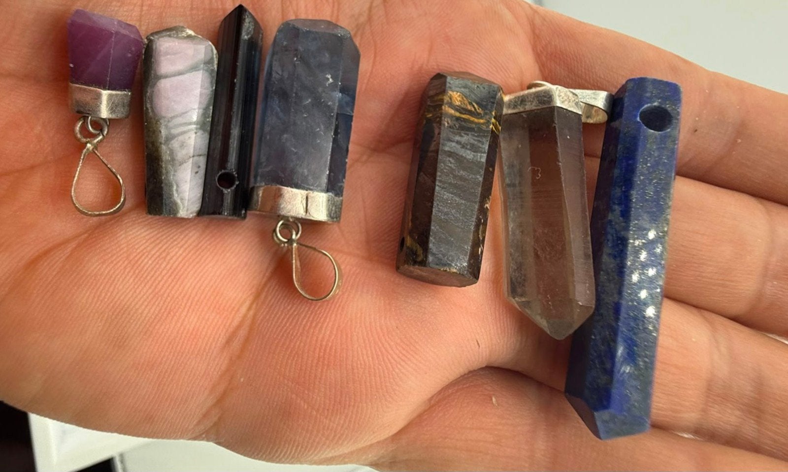 Mix van 4 geboorde edelsteen hangers met zilver, Ophalen of Verzenden, Gebruikt
