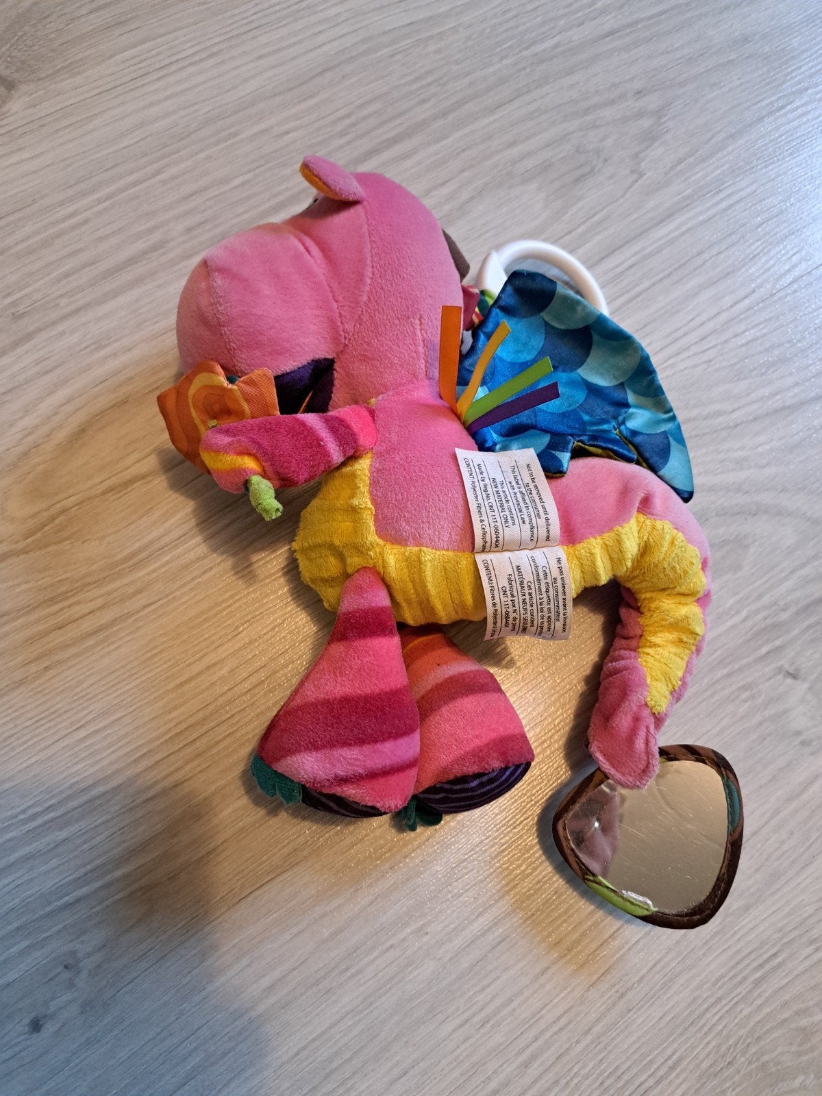 Draakje met haak voor kinderwagen - Knisper, spiegel, rammel, Ophalen of Verzenden, Gebruikt, Rammelaar, Met geluid