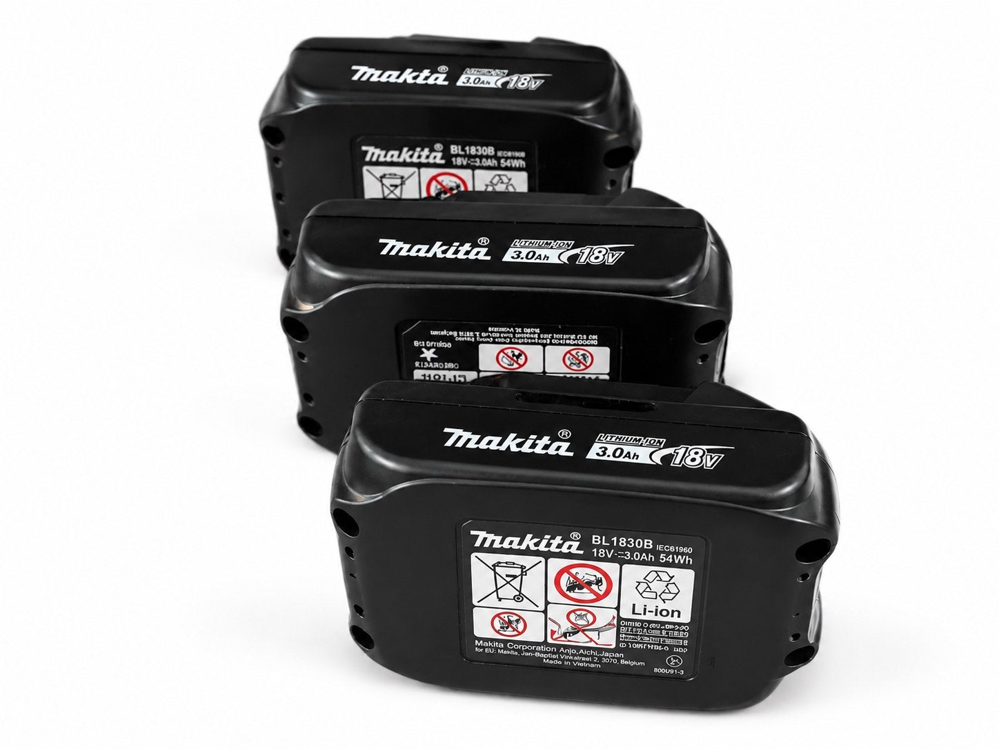 Set van 3 Makita BL1830B 18V 3.0Ah Li-ion accu's., Ophalen of Verzenden, Zo goed als nieuw