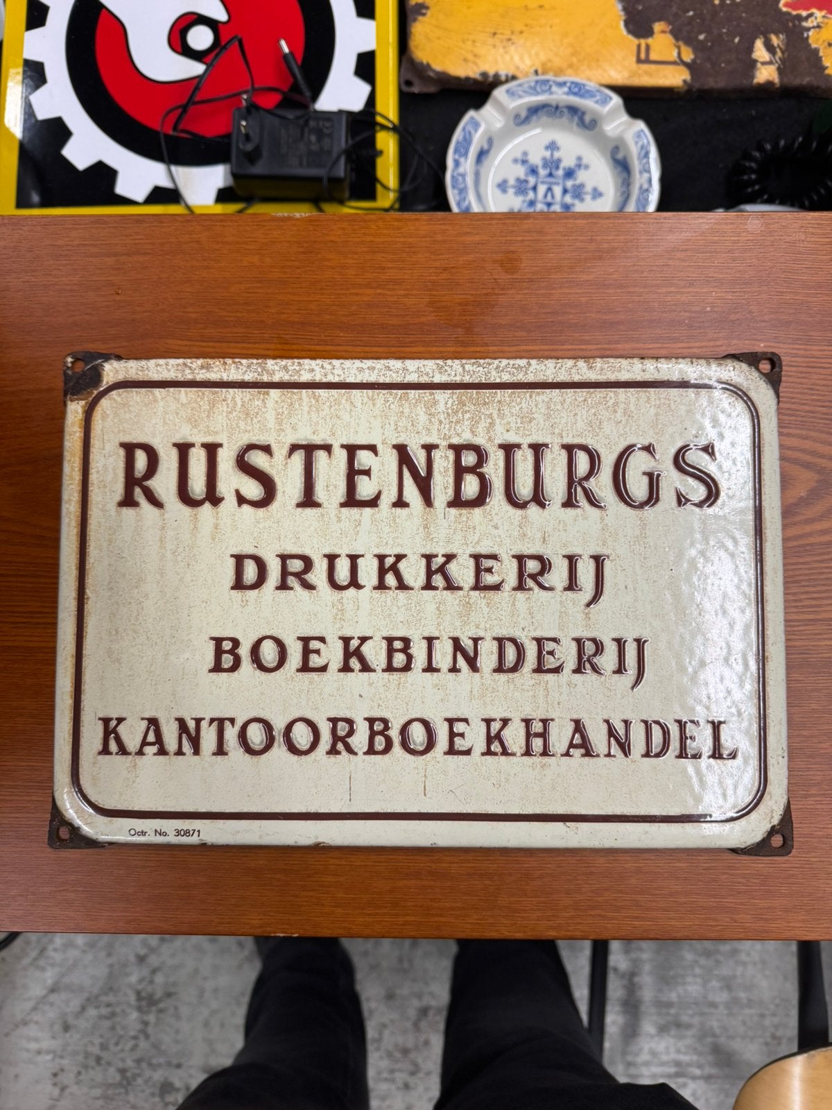 Emaille bord Rustenburgs Amsterdam Drukkerij langcat bussum, Ophalen, Zo goed als nieuw, Reclamebord