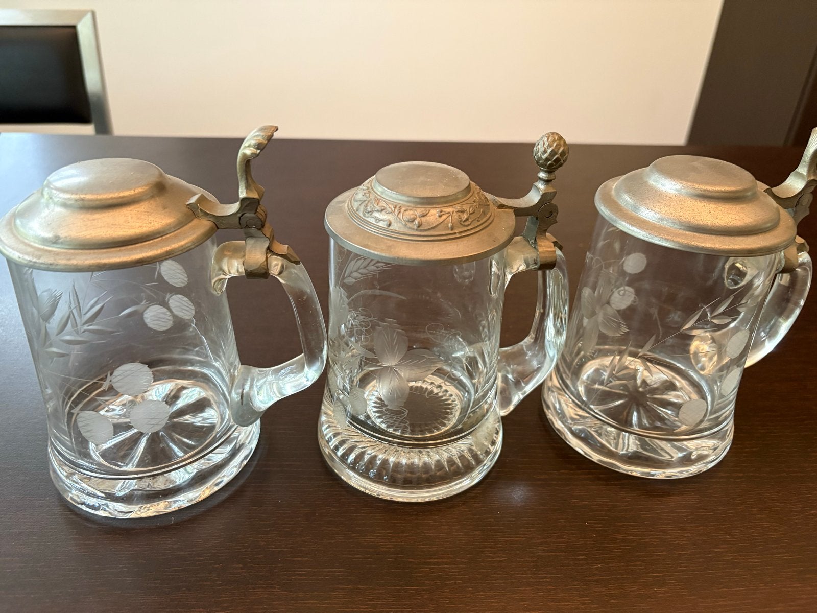 Set van 3 Antieke Glazen Bierpullen met Tin Deksel, Antiek en Kunst, Ophalen of Verzenden