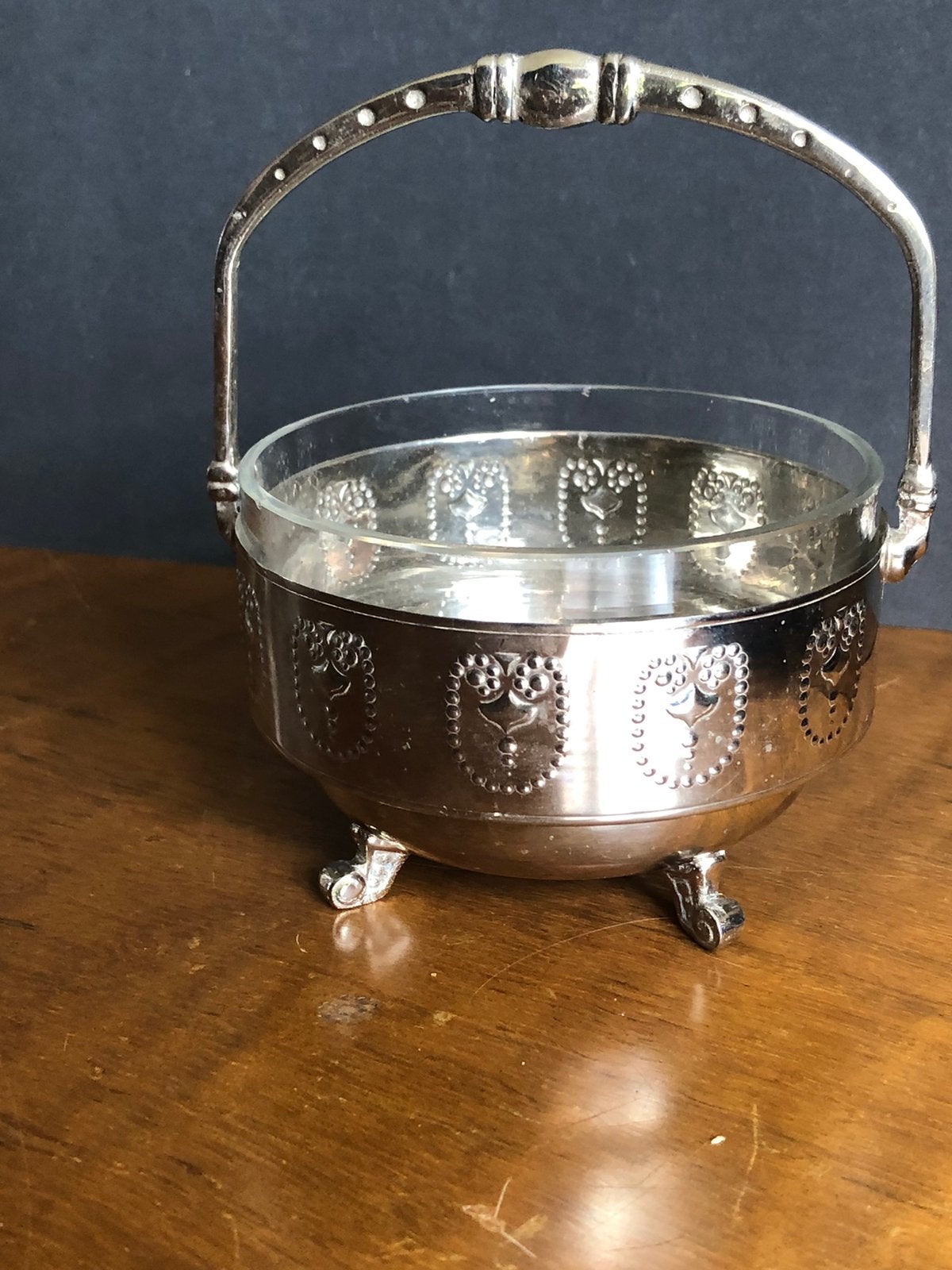 Bonbonschaaltje  antiek nikkel met glas, Verzenden