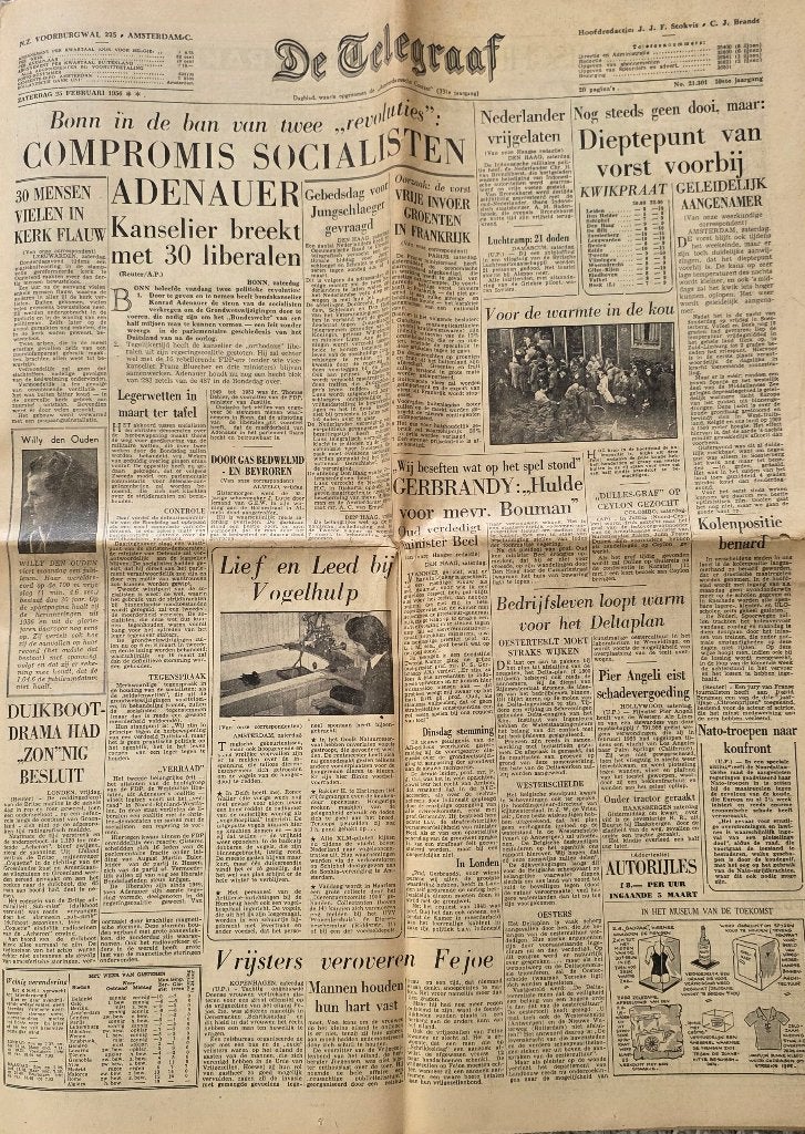 Oude Telegraaf 25 februari 1956, Boeken, Tijdschriften en Kranten, Ophalen of Verzenden, Gelezen, Krant