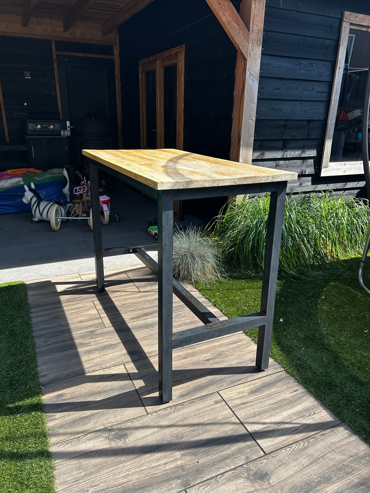 Statafel met houten blad - 138x38x106 cm, Ophalen, Gebruikt