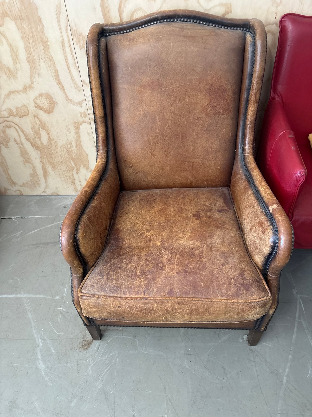 Vintage Leren Fauteuil - Schapenvacht Leer, Ophalen