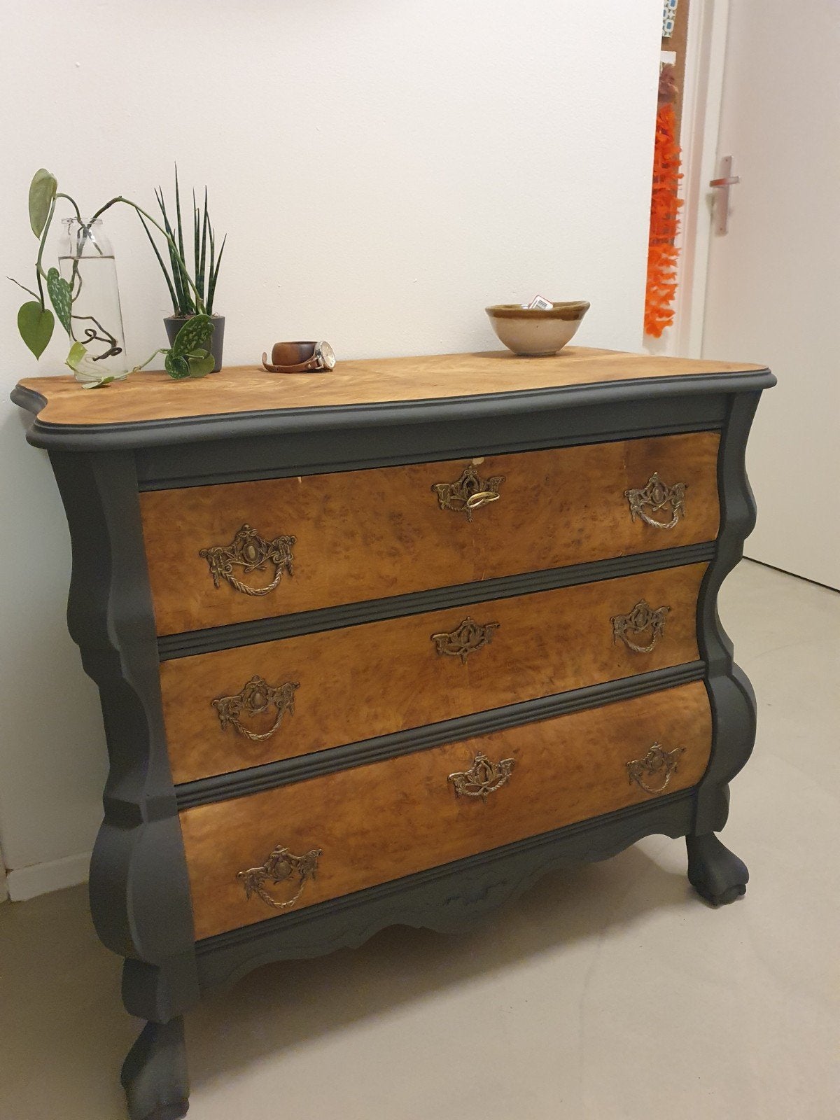 Antieke commode met 3 lades - walnoot en grijs, Ophalen