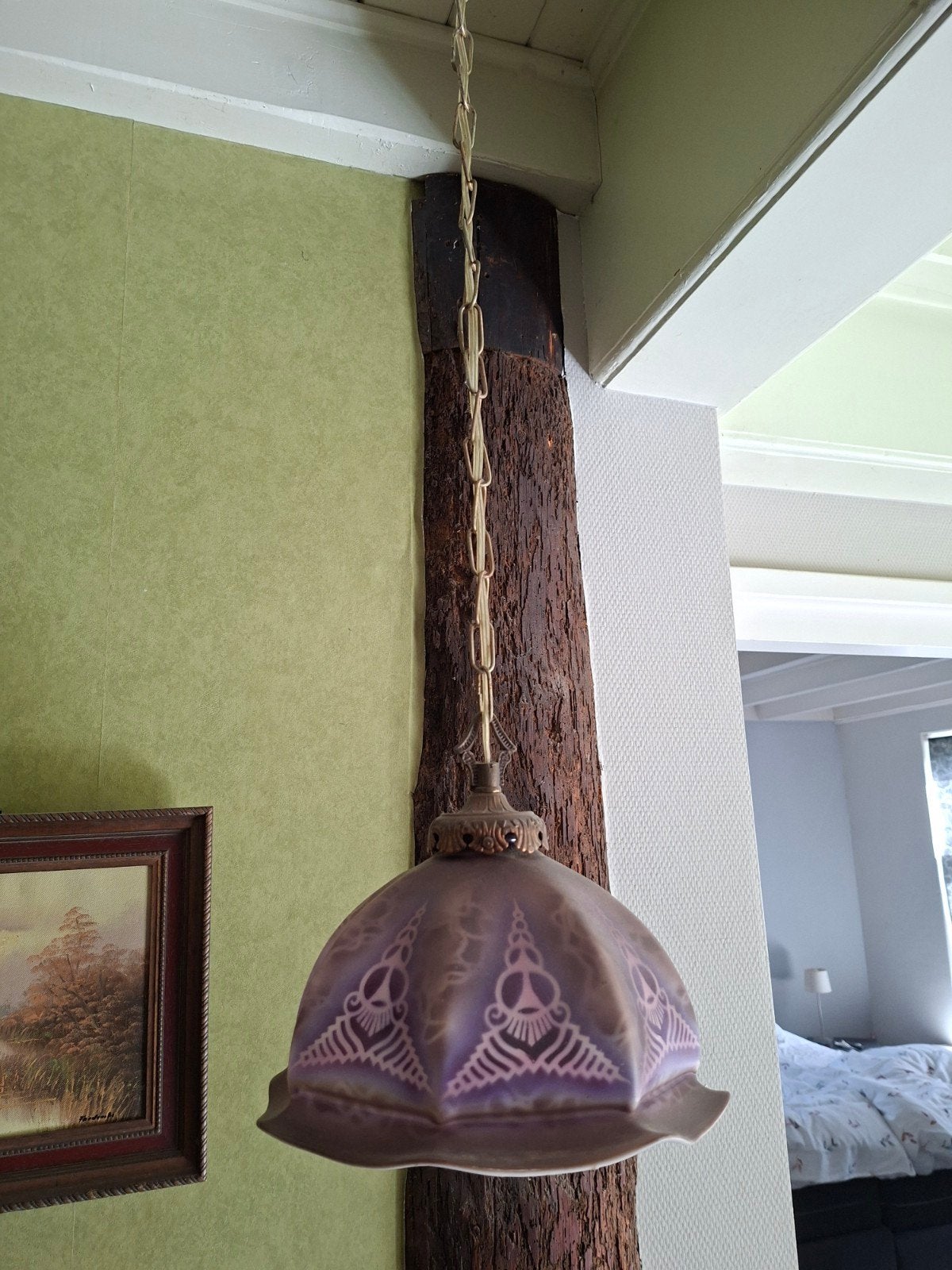 Vintage hanglamp met paarse glazen kap - 96 cm hoog, Ophalen, Gebruikt, Glas