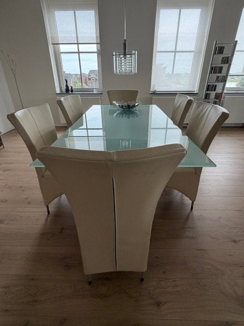 Eethoek met lederen stoelen en glazen tafel, Ophalen, Gebruikt, Design, 200 cm of meer