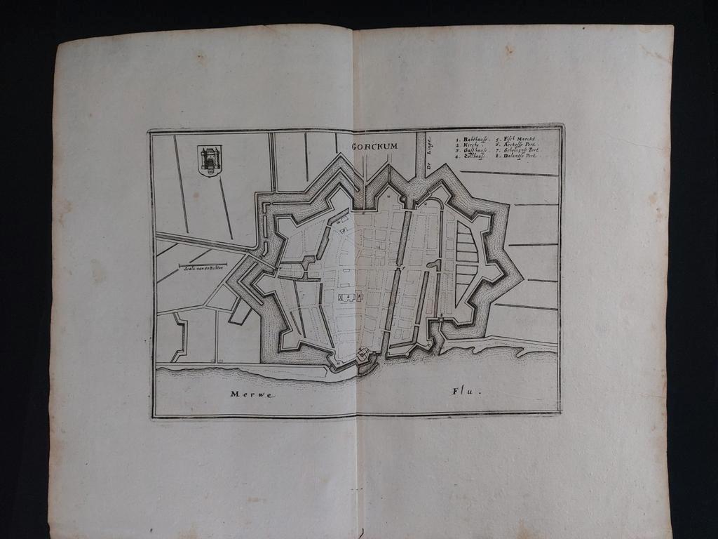 7 / Gorckum - Gorinchem Gravure uit 1659 van C. Merian, Antiek en Kunst, Kunst | Etsen en Gravures, Ophalen of Verzenden
