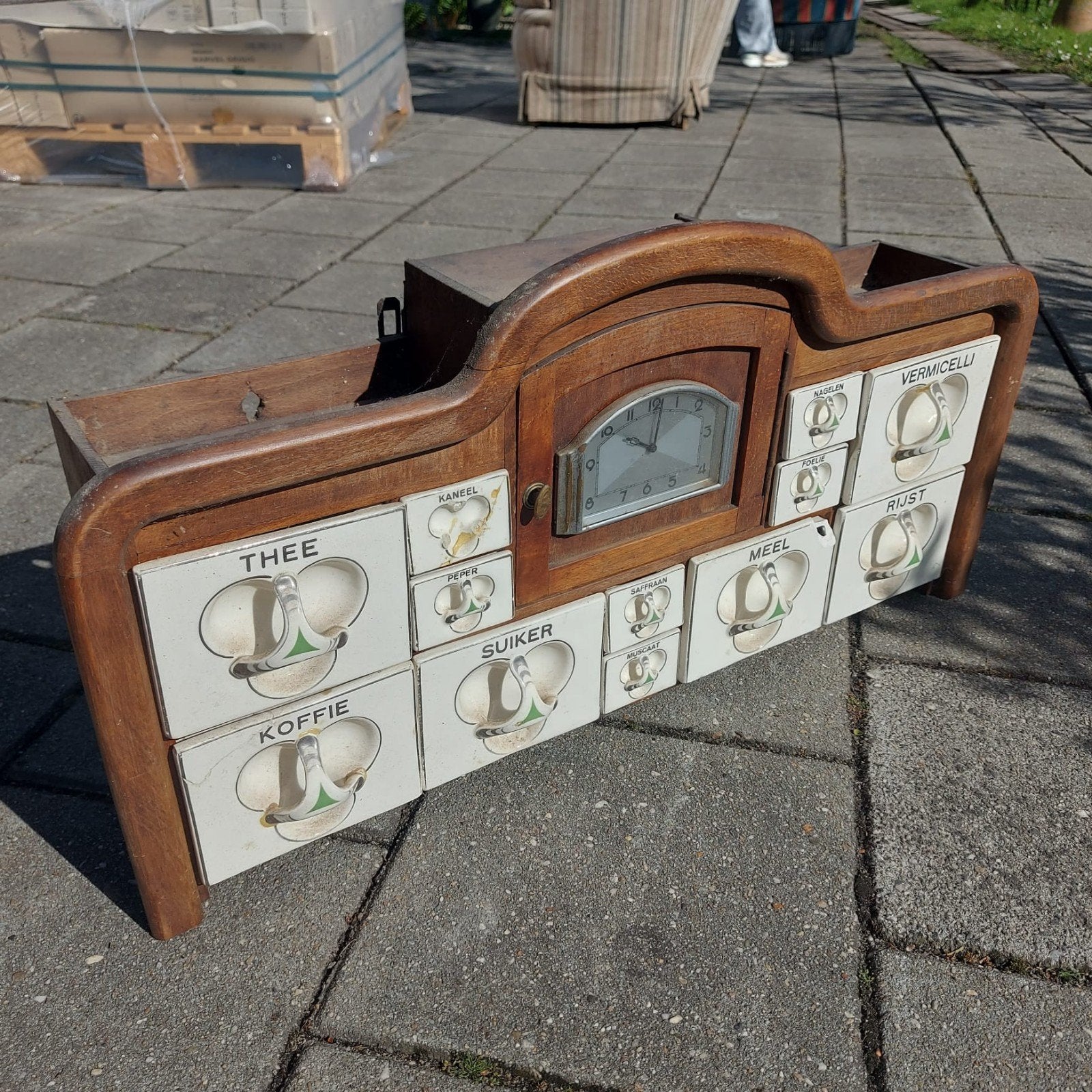 Antieke kruidenkast met klok en porseleinen lades, Antiek en Kunst, Ophalen