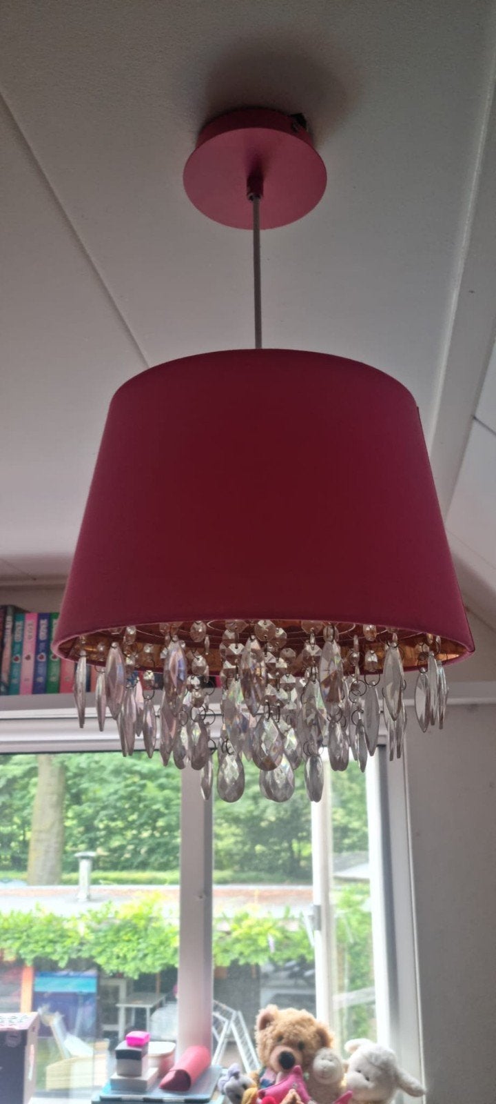 Roze hanglamp met kristallen, Ophalen, Gebruikt, Overige materialen, Modern, Speels, Glamour