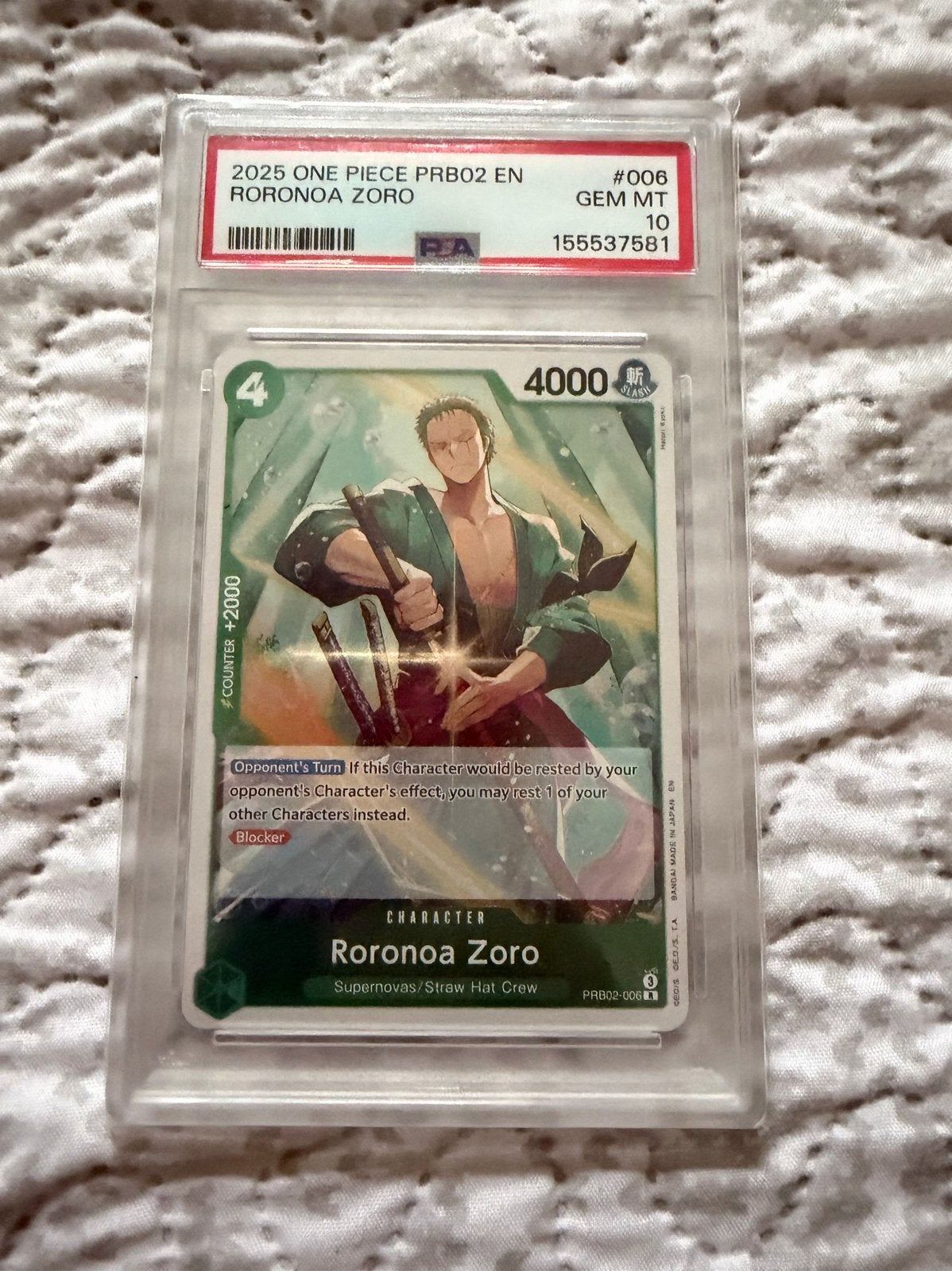 One Piece Roronoa Zoro PRB02 EN #006 PSA 10 GEM MT, Ophalen of Verzenden, Nieuw, Losse kaart, Foil