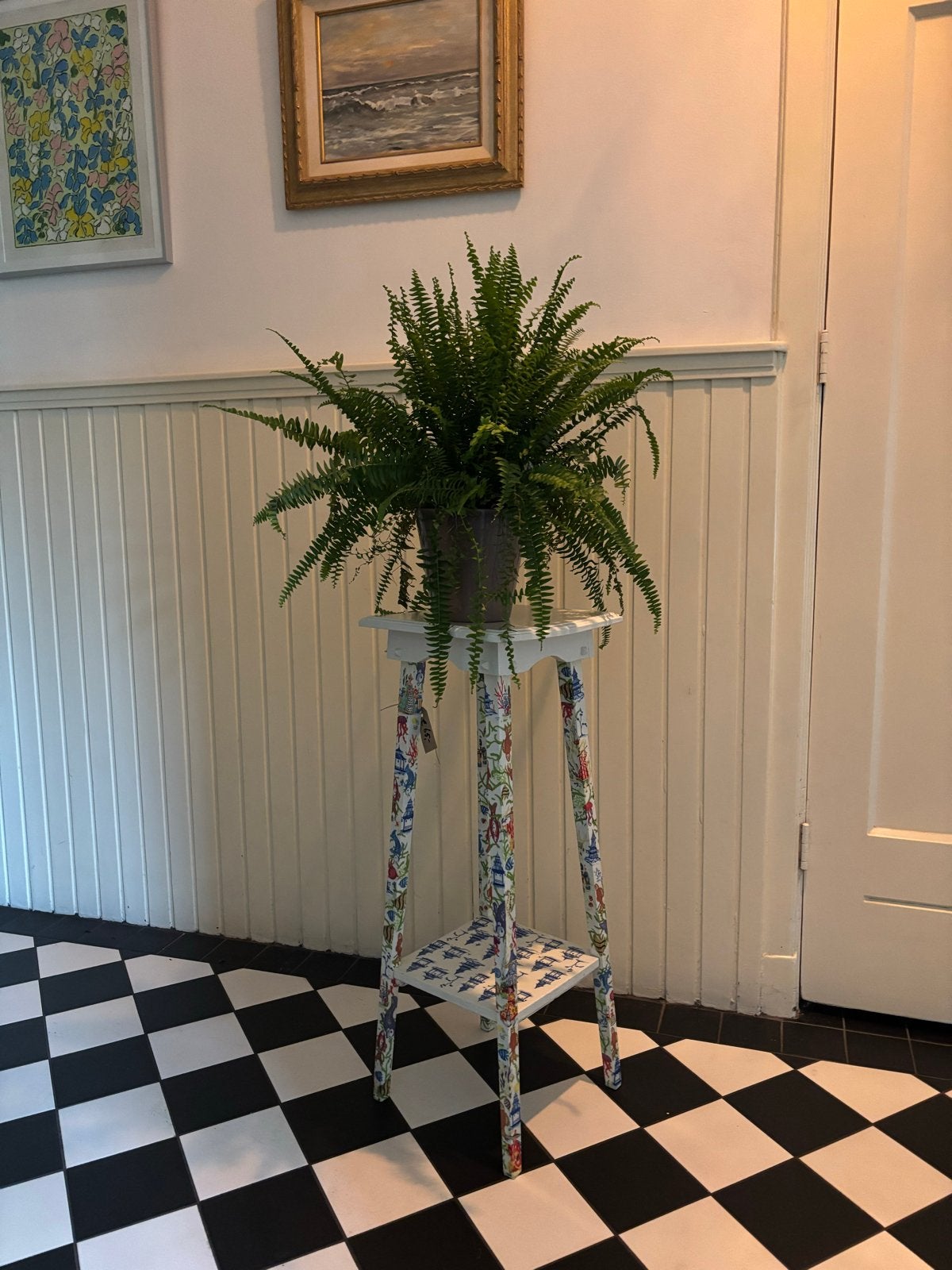 Unieke plantentafel met decoratieve, handbewerkte print, Ophalen, Hout, Gebruikt, Meerkleurig