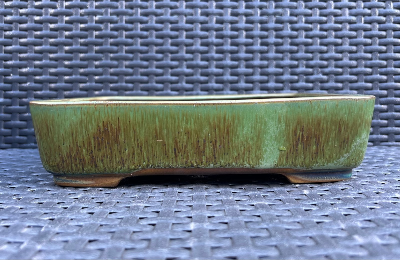 Bonsai schaal groen/bruin geglazuurd Japans 24,5x18x6, Tuin en Terras, Ophalen of Verzenden, Zo goed als nieuw, Aardewerk, Rechthoekig