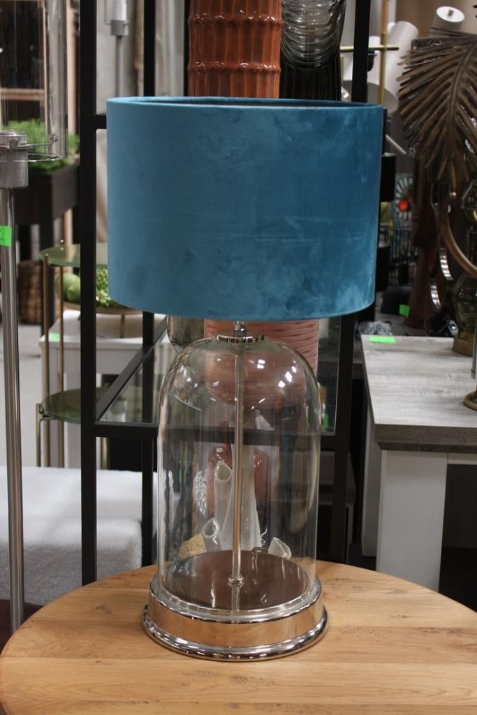 Tafellamp Bouala glas+ velvet lampenkap blauw Light & Living, Ophalen of Verzenden, Zo goed als nieuw