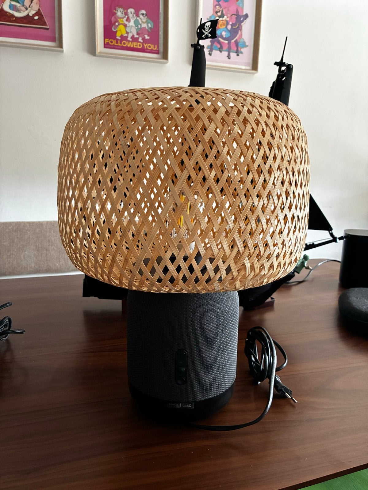 IKEA Symfonisk Sonos tafellamp met rieten kap, Bohemian, Gebruikt, Natuurlijk materiaal, Beige