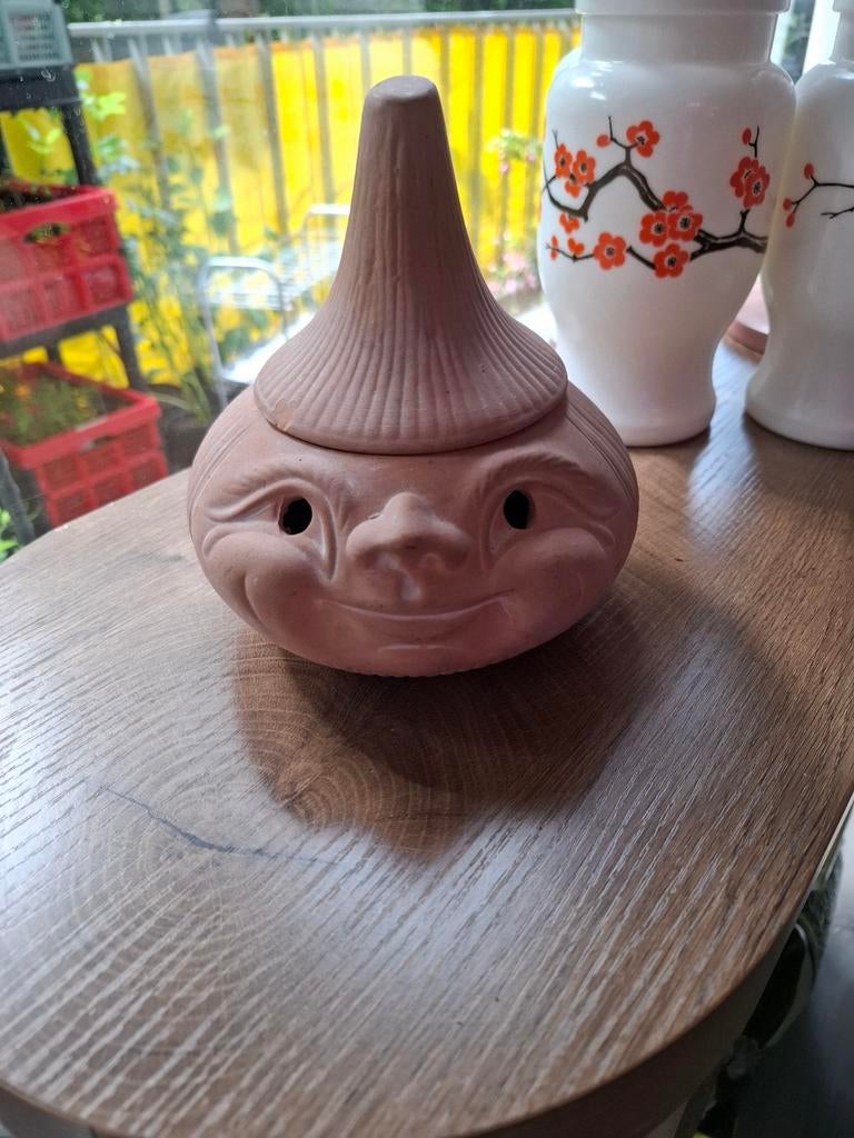 Vintage terracotta uien bewaarpot met gezicht, Antiek en Kunst, Ophalen of Verzenden