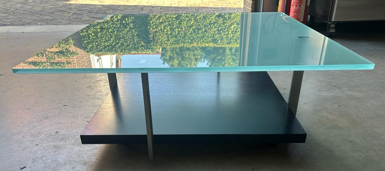 Rolf Benz salontafel met glazen blad en houten onderstel, Ophalen, Gebruikt, 50 tot 100 cm, 100 tot 150 cm
