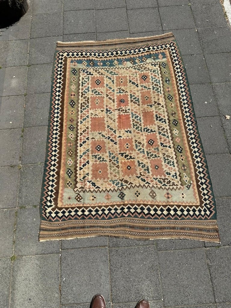 Antik Kilim Qashqai ( Handmade / Antique ) 216 x 157 cm, Wol, 200 cm of meer, Ophalen of Verzenden, Zo goed als nieuw