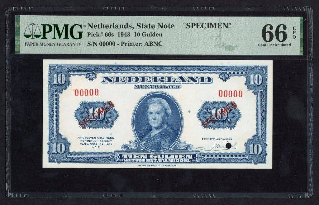 UNC specimen biljet 10 gulden Wilhelmina, 1943 | PMG 66 EPQ, Postzegels en Munten, Ophalen of Verzenden, 10 gulden