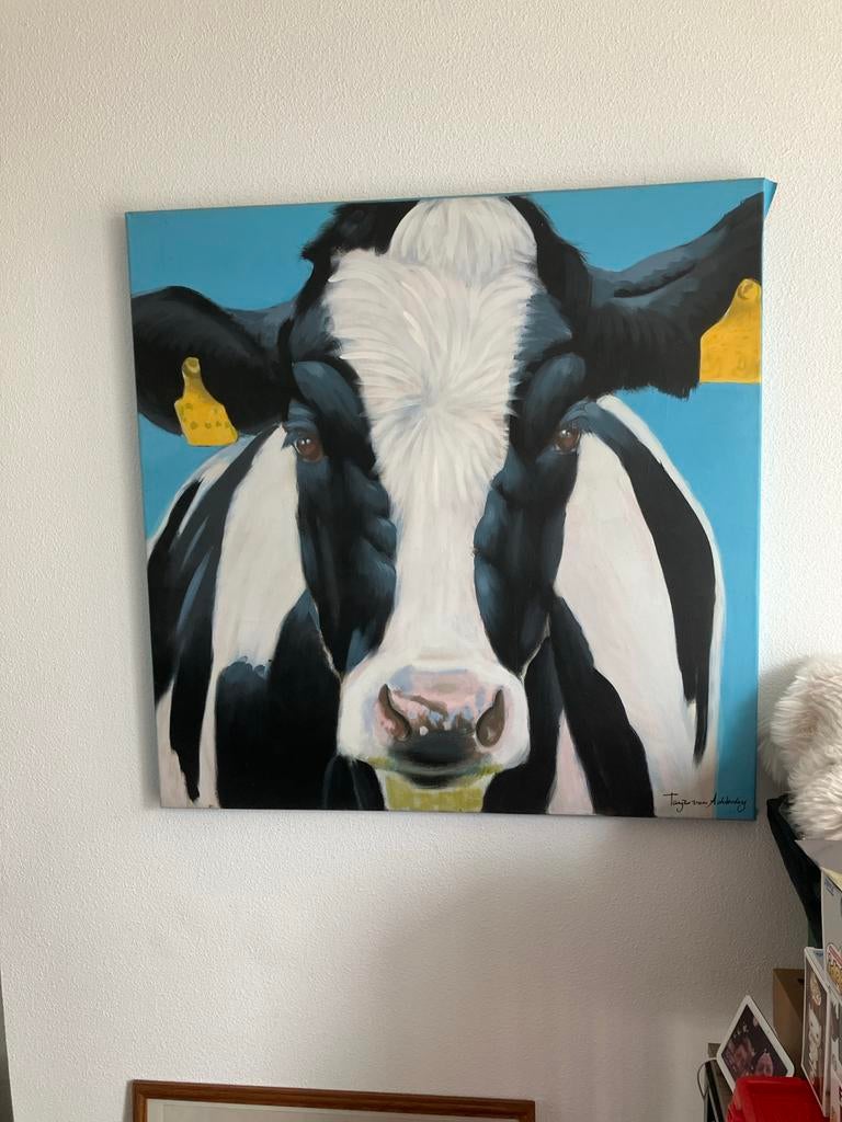 Groot schilderij 'Koeienkop' van Tanya van Achterberg (1x1m), Ophalen