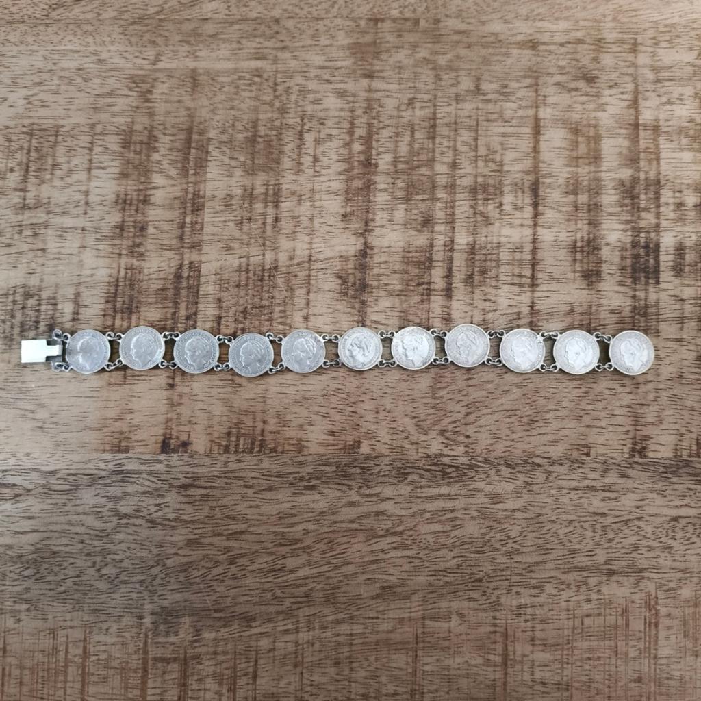 Zilveren dubbeltjes armband Koningin Wilhelmina (1930-1941), Sieraden, Tassen en Uiterlijk, Armbanden, Ophalen of Verzenden, Gebruikt