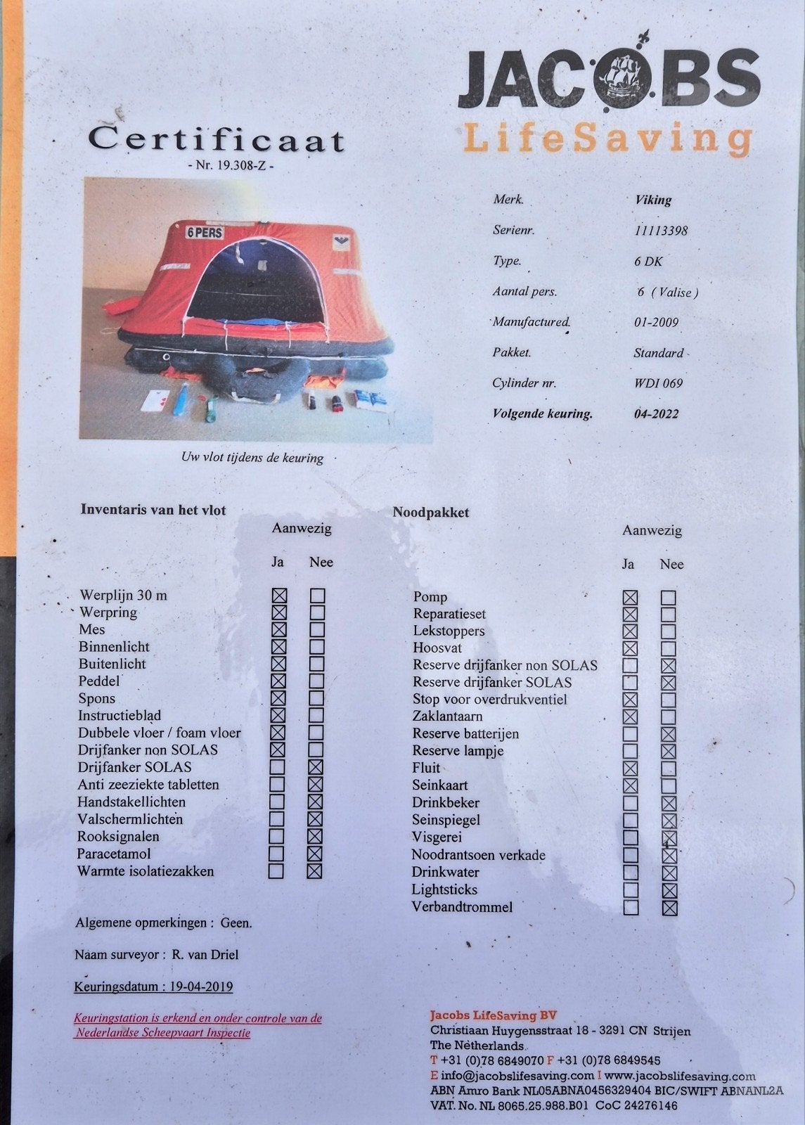 Reddingsvlot 6 personen in tas, Ophalen