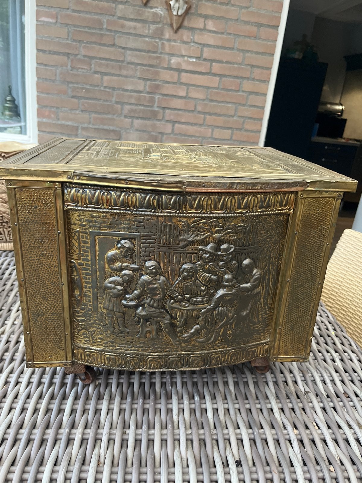 Antieke koperen kolenkit met Oud Hollandse taferelen, Ophalen of Verzenden