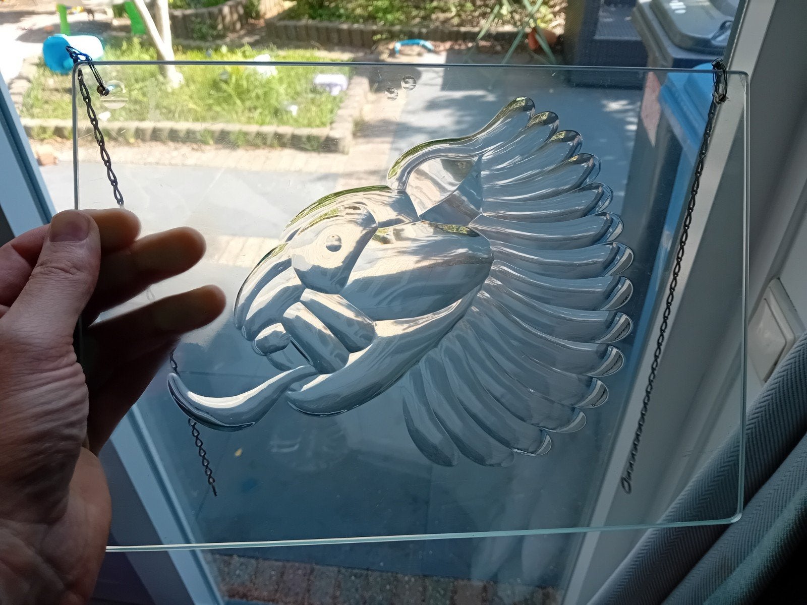 Art Deco Glazen Raamhanger met Leeuwenkop Reliëf, Antiek en Kunst, Ophalen of Verzenden