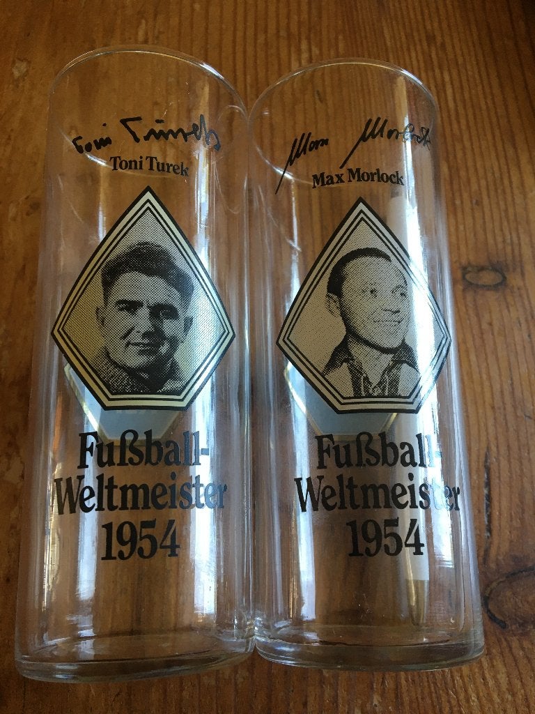 glazen- spelers Fussball WM 1954- Toni Turek- Max Morlock, Ophalen of Verzenden, Zo goed als nieuw, Bierglas