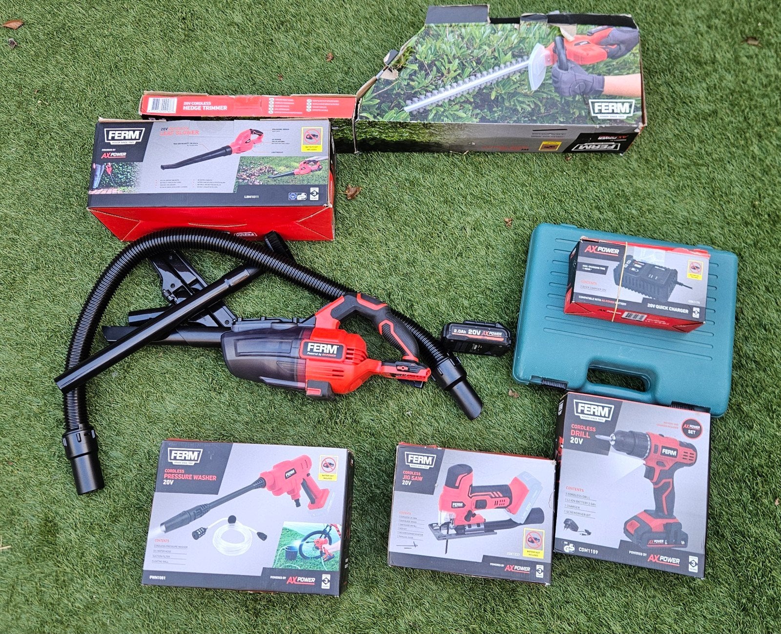 Ferm 20V Accu Gereedschap Set - Boormachine, Bladblazer,, Doe-het-zelf en Verbouw, Ophalen of Verzenden, Zo goed als nieuw