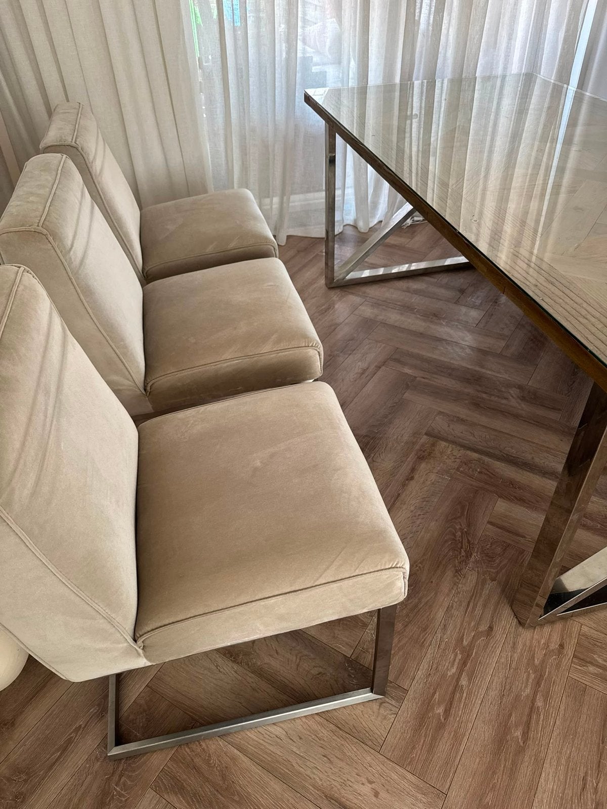 Luxe eetbank en stoelen set - Beige, Huis en Inrichting, Ophalen, Overige kleuren, Zo goed als nieuw, Stof