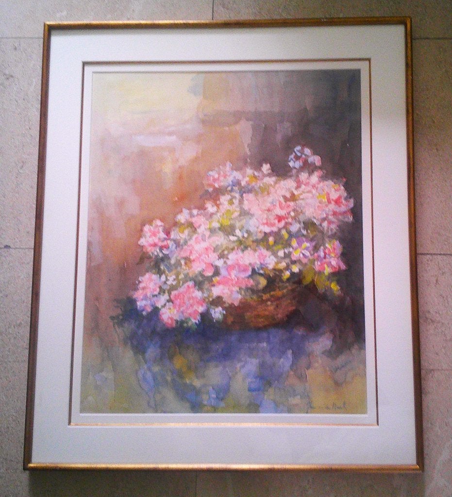 Bloeiende plant in mand - Jan van den Hurk (1917-2000), Antiek en Kunst, Kunst | Schilderijen | Klassiek, Bloemen, Impressionistisch