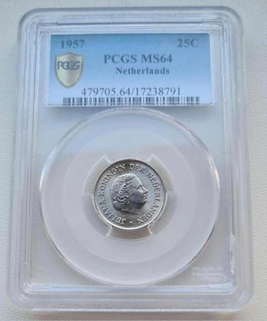 25 cent 1957 PCGS MS64 POP 2/1, Ophalen of Verzenden, Koningin Juliana, 25 cent, Losse munt