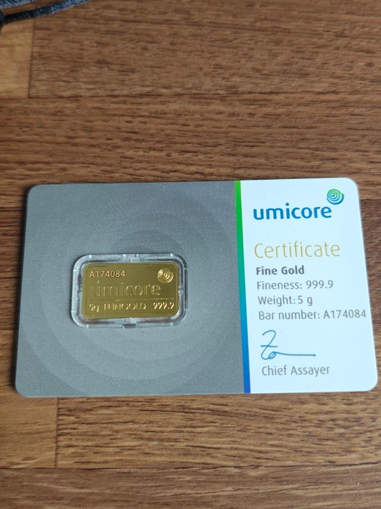 Umicore 5 Gram Goudbaar 999.9 Fijn Goud met Certificaat, Ophalen of Verzenden