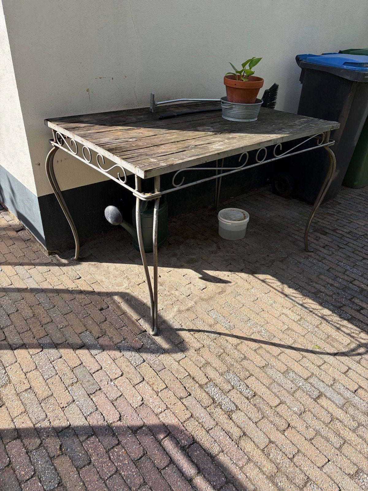 VINTAGE Gietijzeren Tuin tafel (met houten planken als blad), Ophalen, Gebruikt, Rechthoekig, Hout