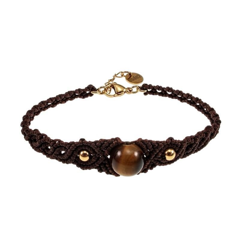 Donkerbruine Micro-Macramé Armband RVSVerguld TijgeroogSteen, Overige materialen, Verzenden, Nieuw, Esde2