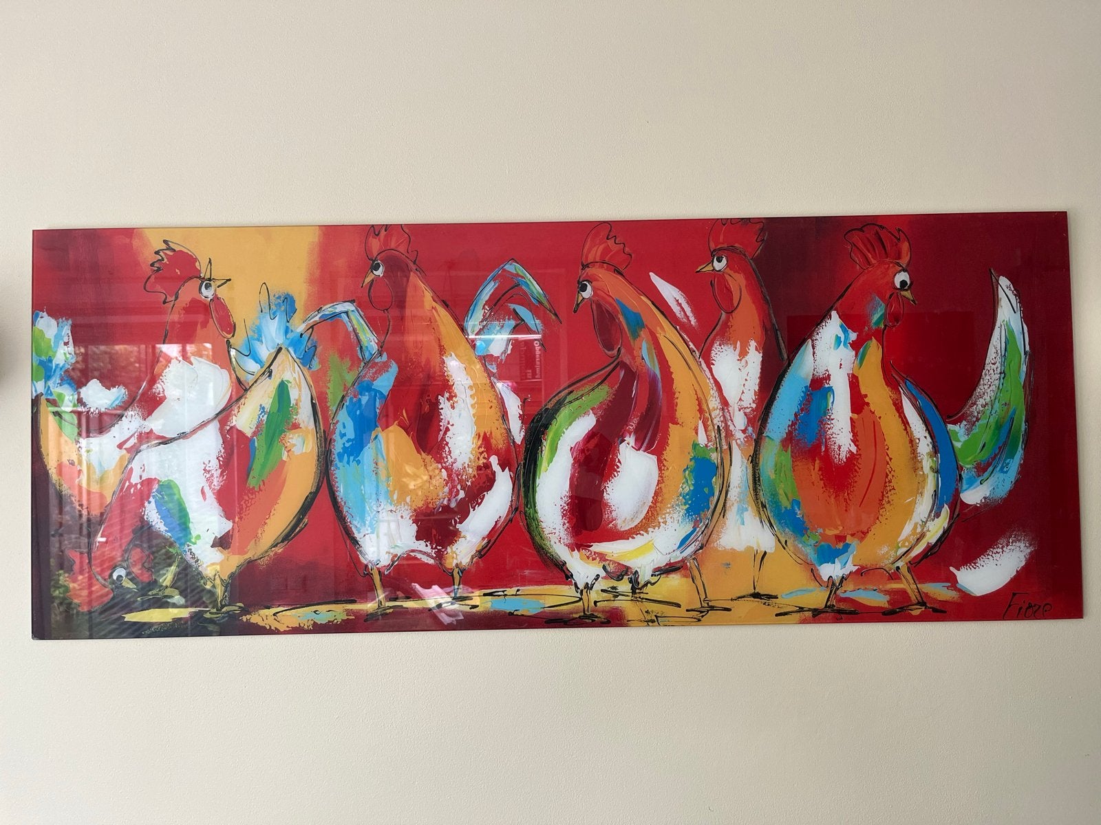 Glasschilderij Kippen van Fiore - Kleurrijk en Levendig, Antiek en Kunst, Ophalen, Glas, Gesigneerd, Dieren