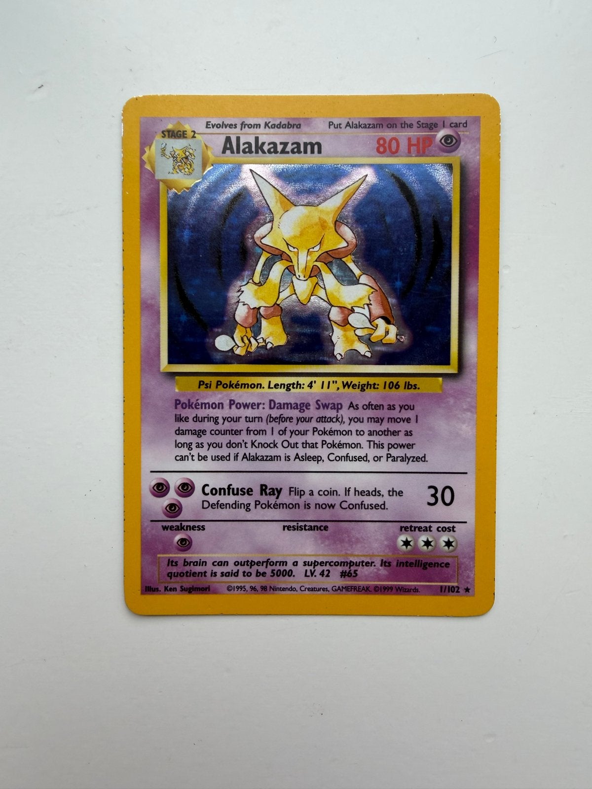 Pokémon Kaart Alakazam 1/102 Holo Base Set, Ophalen of Verzenden, Gebruikt, Losse kaart, Foil