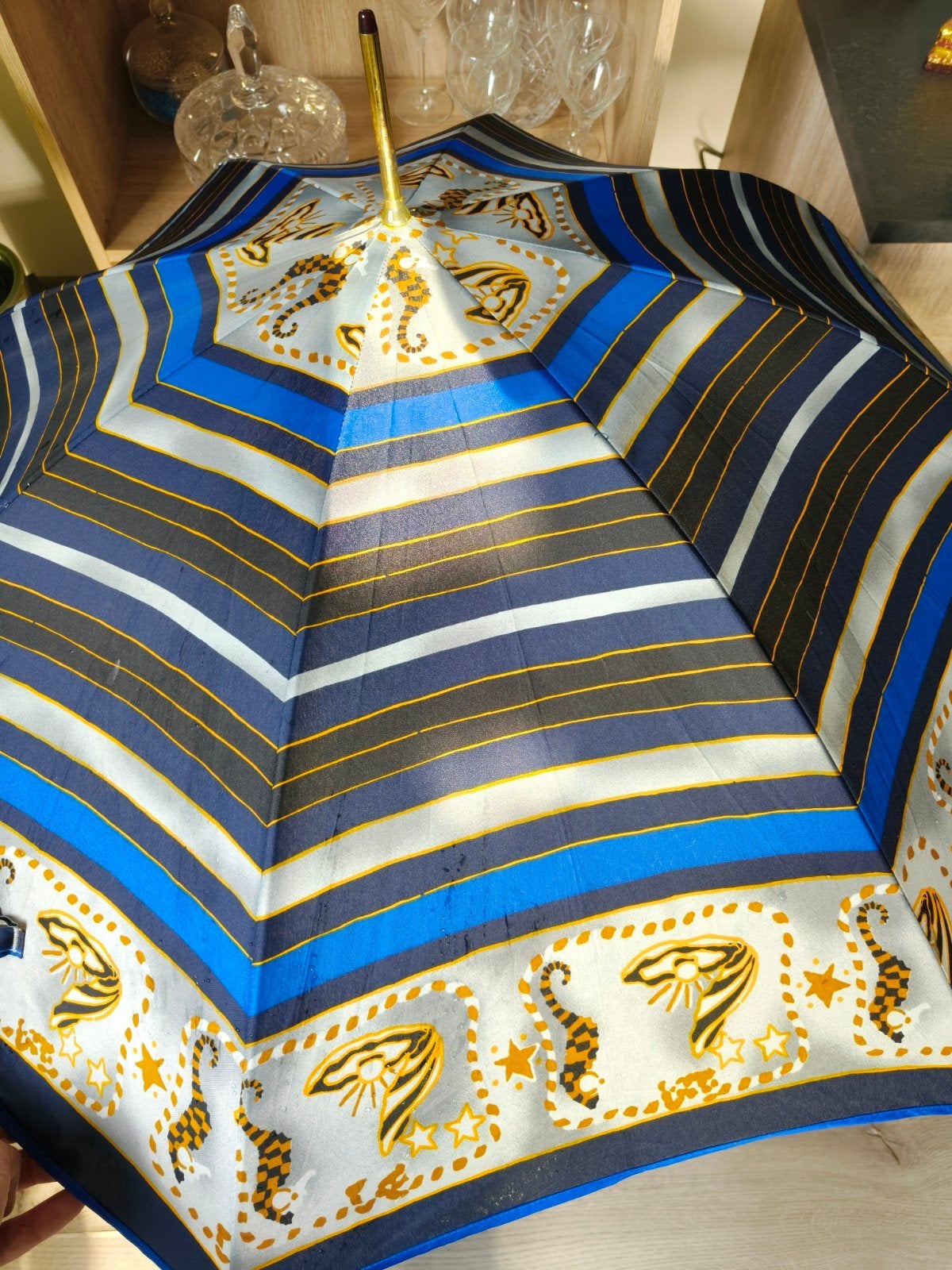 Vintage Pierre Cardin paraplu - Blauw gestreept, Sieraden, Tassen en Uiterlijk, Ophalen of Verzenden, Gebruikt, Blauw