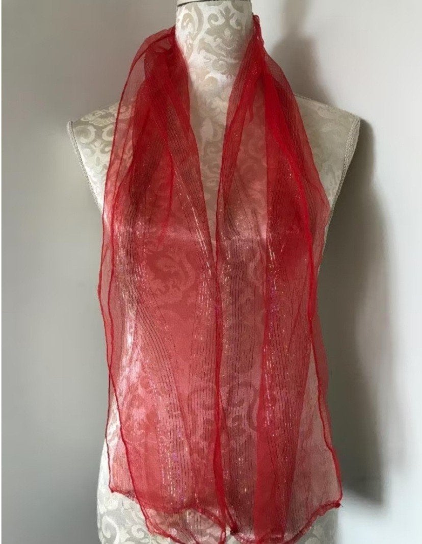 Vintage Rode Sjaal met Lurex, Ophalen of Verzenden, Zo goed als nieuw, Maat 34 (XS) of kleiner, Sjaal