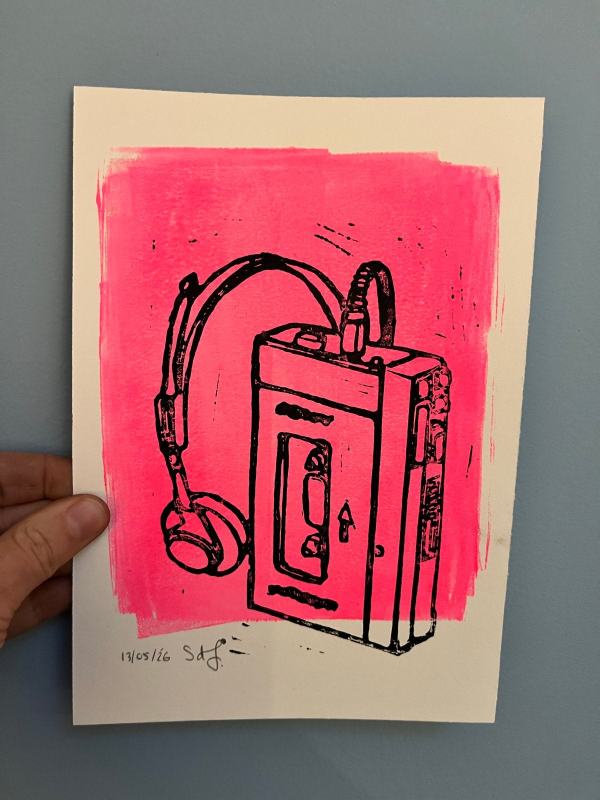 Walkman met koptelefoon - Lino print - neon, Ophalen of Verzenden