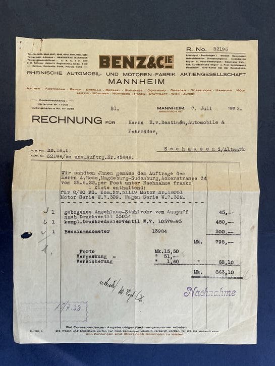 Originele Benz & Cie. factuur uit 1922 - Historisch document, Verzenden, Gebruikt