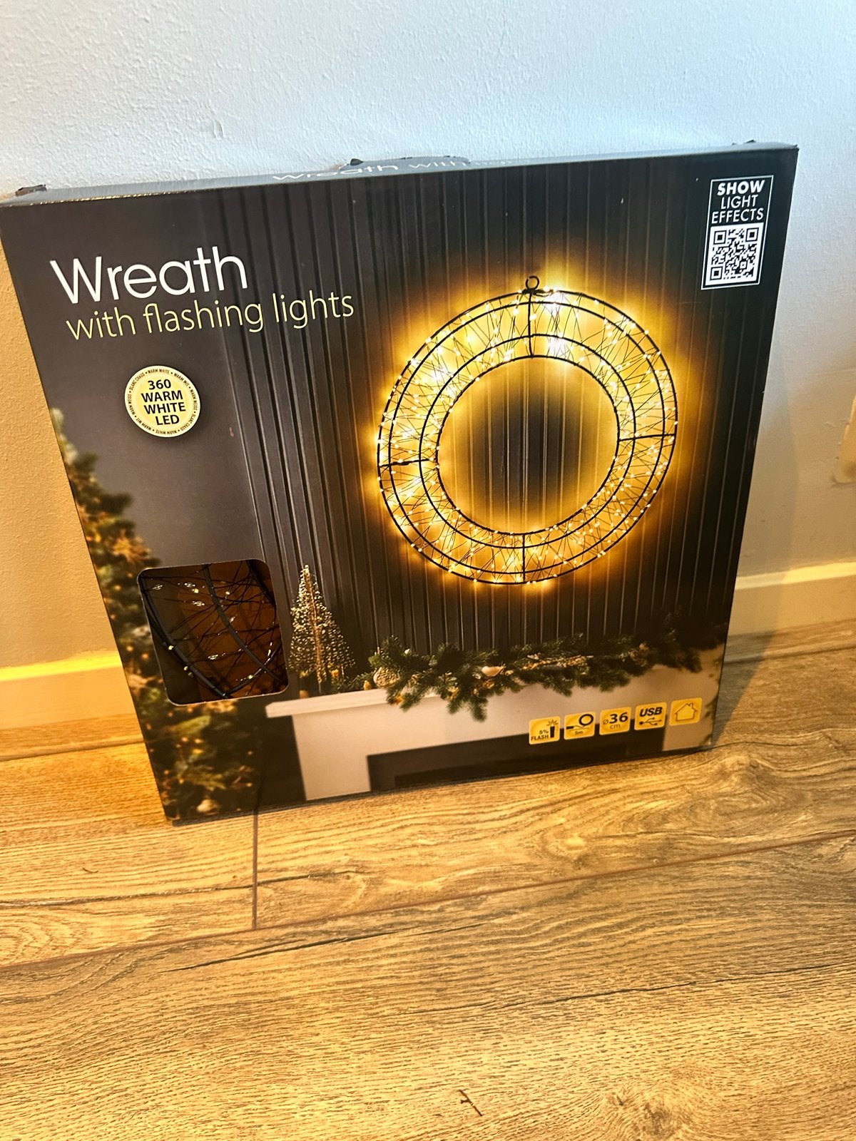 Kerstkrans met 360 warm witte LED-lampjes – USB – Ø 36 cm, Diversen, Kerst, Ophalen of Verzenden, Zo goed als nieuw