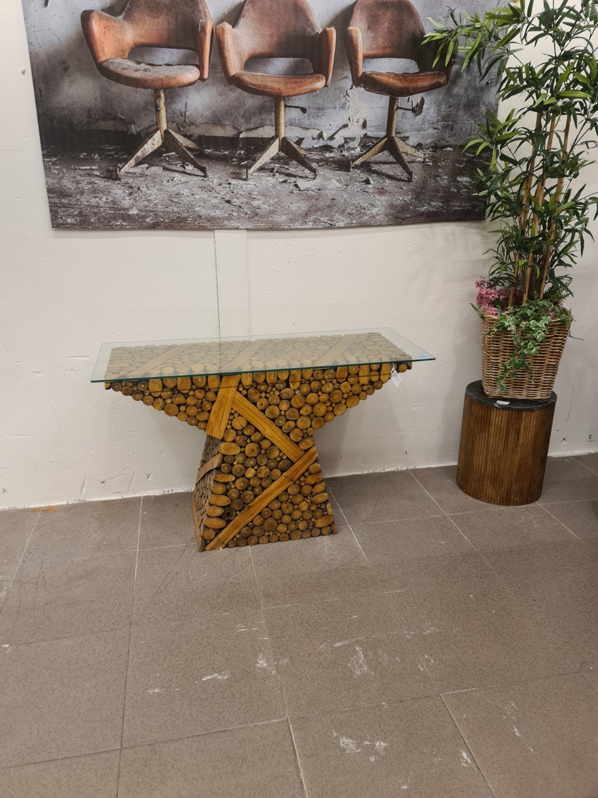 Nieuwe landelijke sidetable 130x80x50cm stamhout glasplaat, Ophalen, Industrieel landelijk barok brocante koloniaal boheems vintage