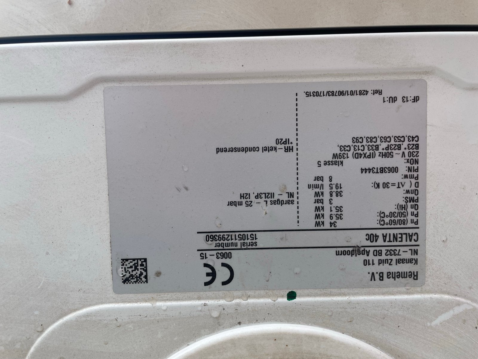 Remeha Calenta 40c HR-ketel cw5 met iSense thermostaat, Ophalen, Gebruikt, Hoog rendement (Hr), Cv-ketel of Combi-ketel