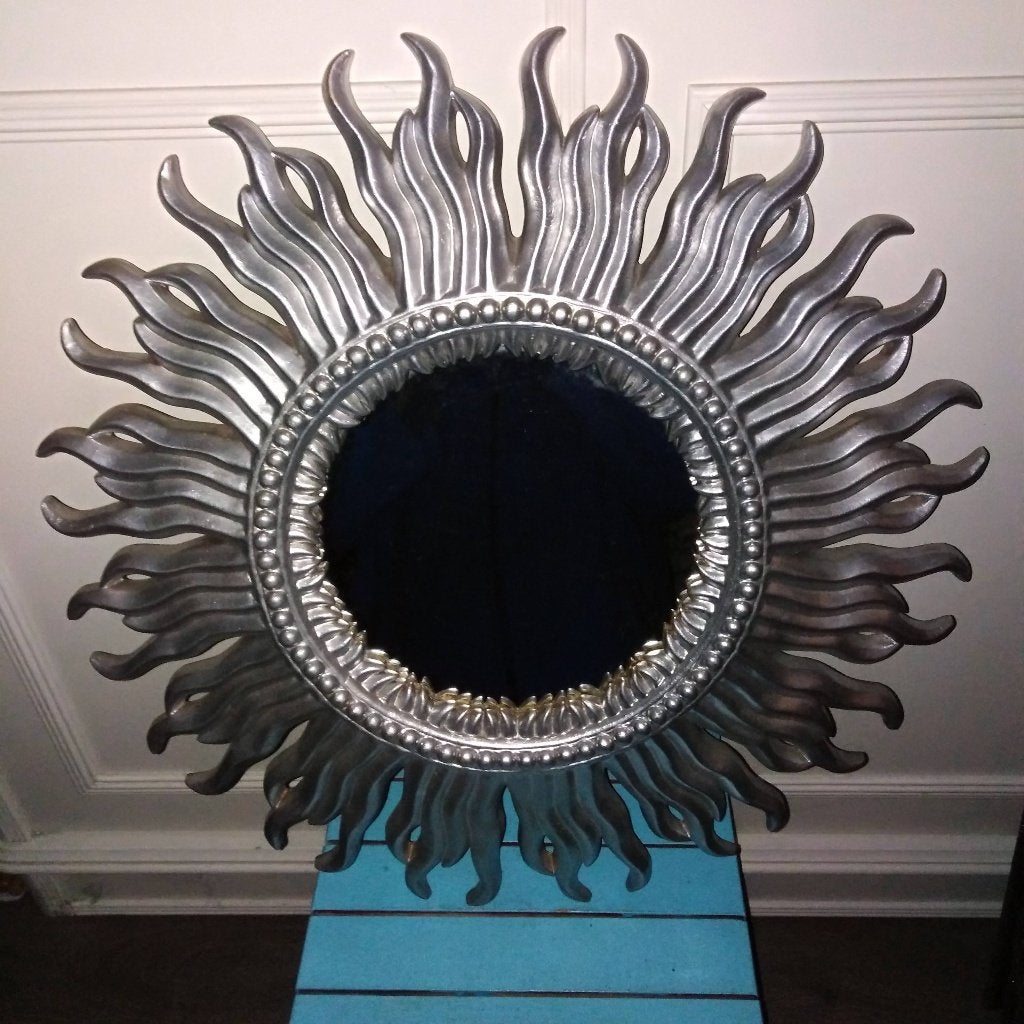 Zilverkleurige zon met spiegeltje, Huis en Inrichting, Ophalen, Minder dan 50 cm, Gebruikt, Minder dan 100 cm